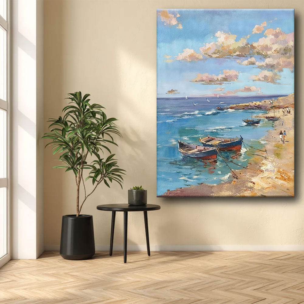 Blue Cove and Resting Boats canvas wall art, styled room mockup 1.