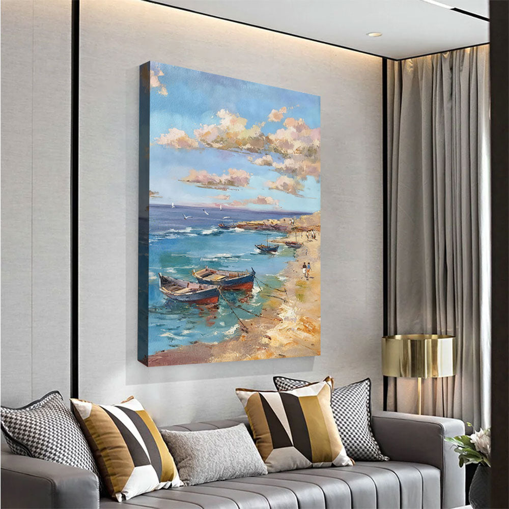Blue Cove and Resting Boats canvas wall art, styled room mockup 3.