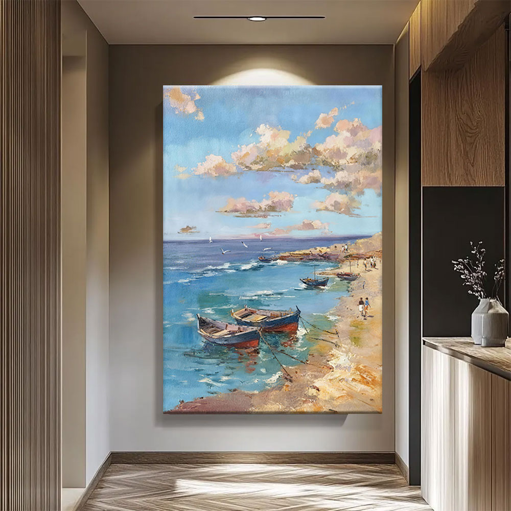 Blue Cove and Resting Boats canvas wall art, styled room mockup 4.