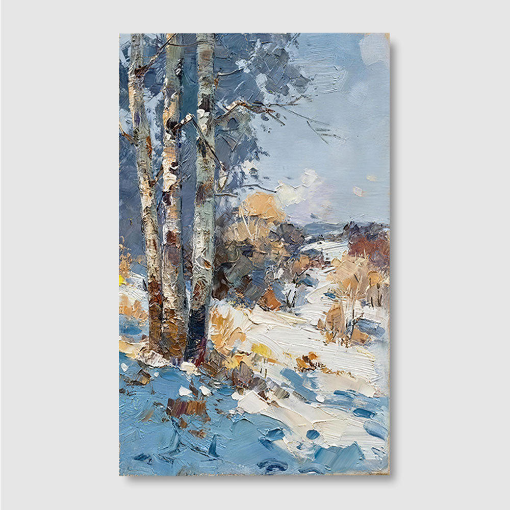 Birches in the Winter Sun canvas wall art, front product mockup on a light background.