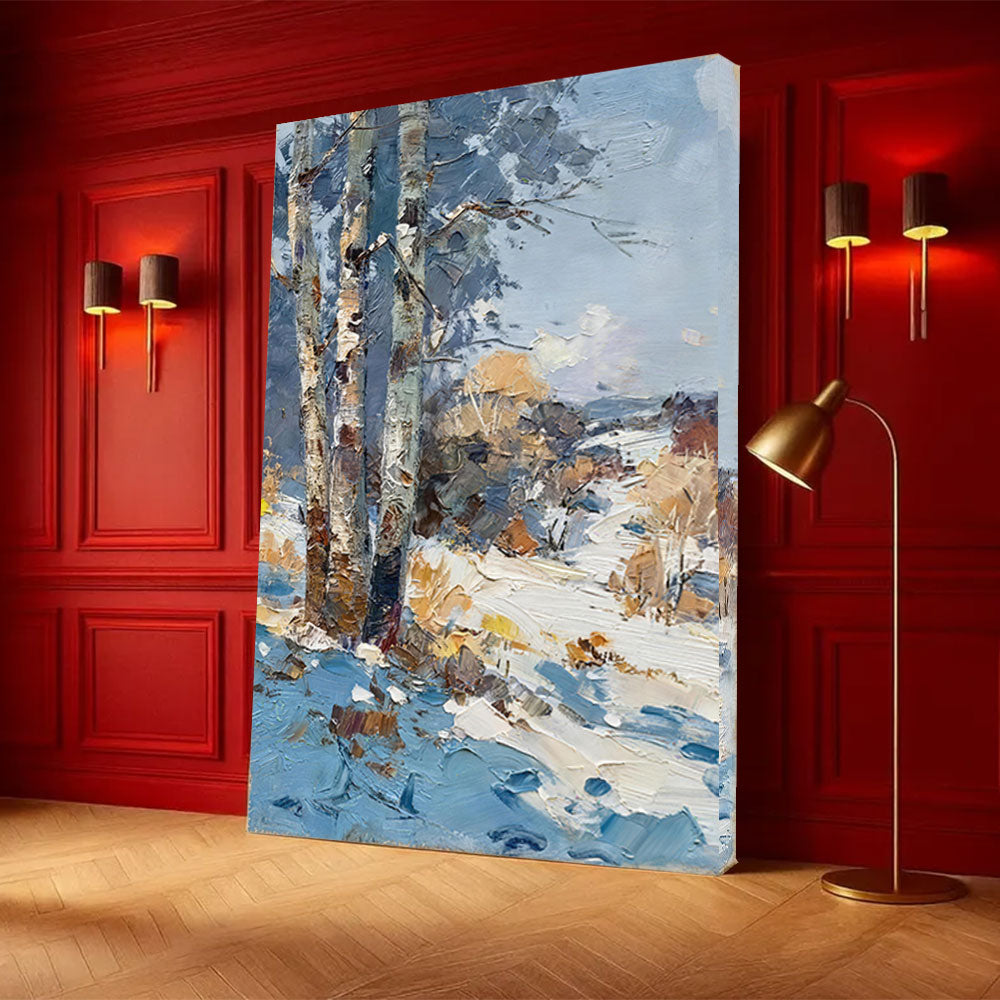 Birches in the Winter Sun canvas wall art, styled room mockup 1.