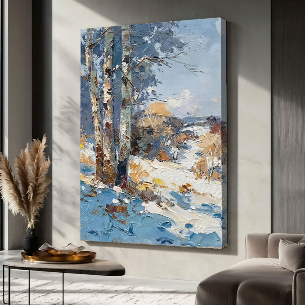 Birches in the Winter Sun canvas wall art, styled room mockup 3.