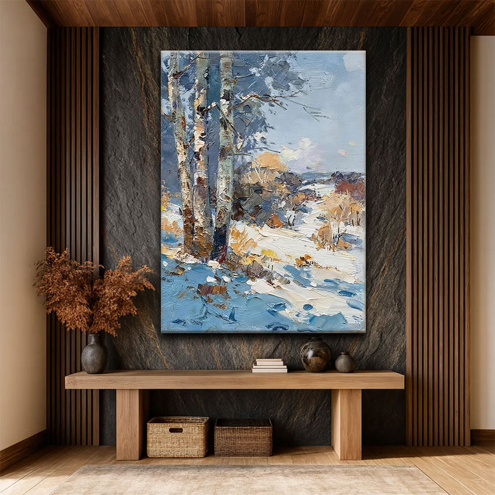 Birches in the Winter Sun canvas wall art, styled room mockup 4.