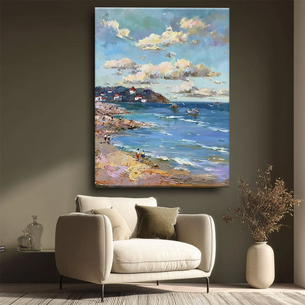 Rocky Shore in Gentle Color canvas wall art, styled room mockup 1.