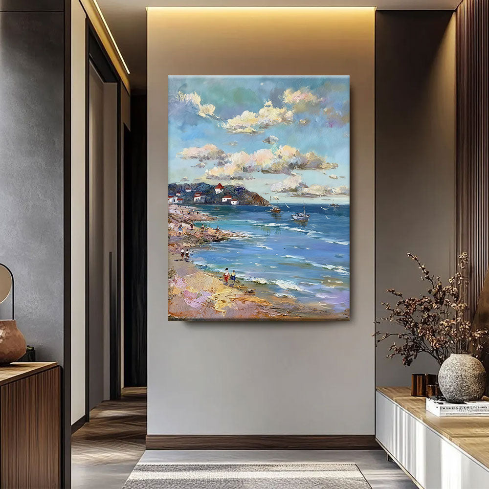 Rocky Shore in Gentle Color canvas wall art, styled room mockup 2.