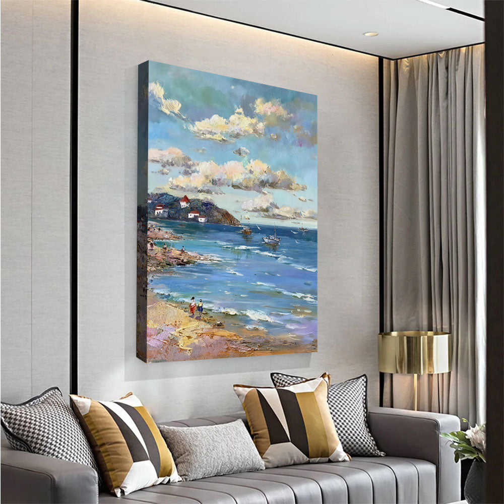 Rocky Shore in Gentle Color canvas wall art, styled room mockup 4.