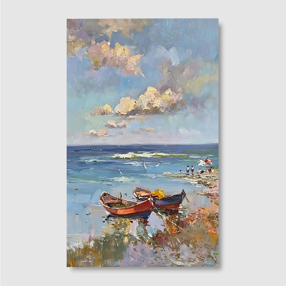 Red Boat at the Water Edge canvas wall art, front product mockup on a light background.