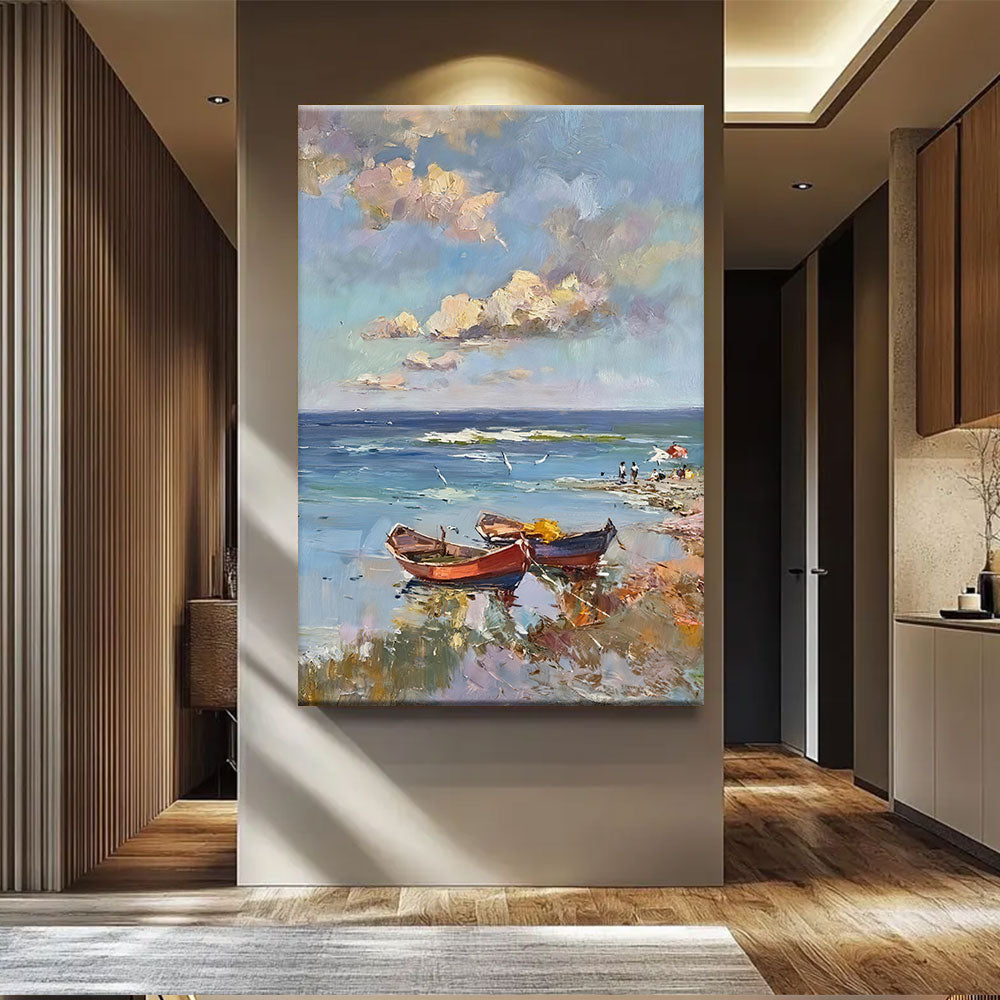 Red Boat at the Water Edge canvas wall art, styled room mockup 4.