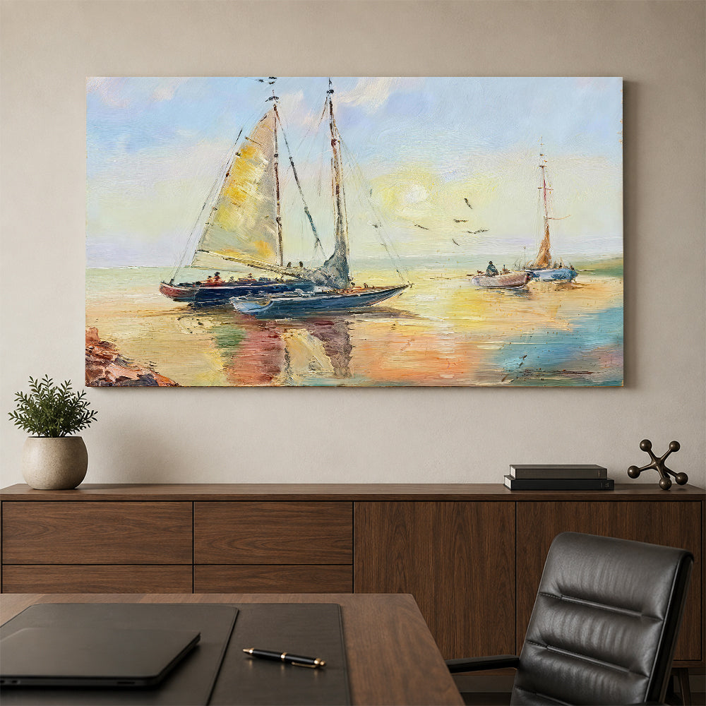 Sails and Warm Reflections canvas wall art, styled room mockup 3.