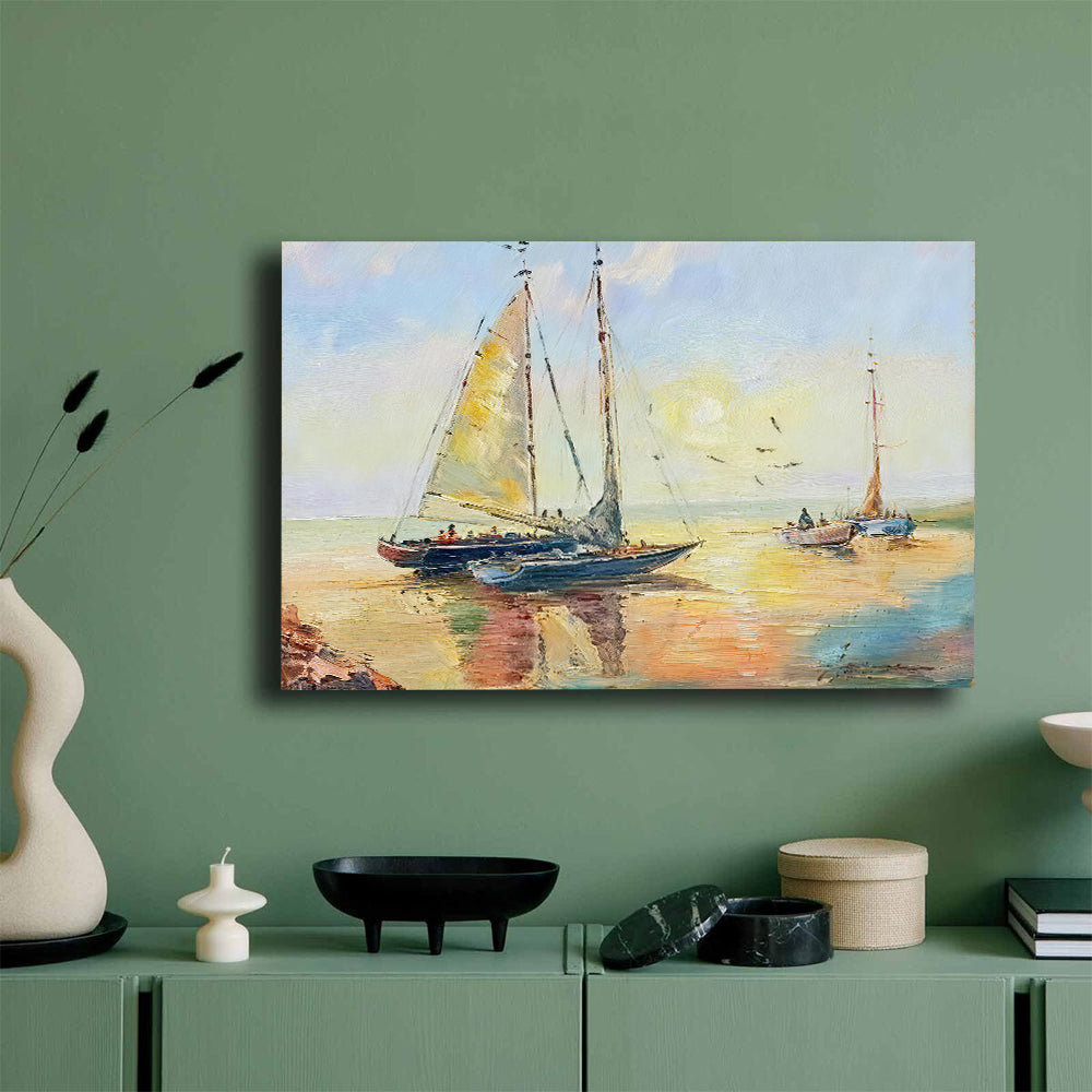 Sails and Warm Reflections canvas wall art, styled room mockup 4.