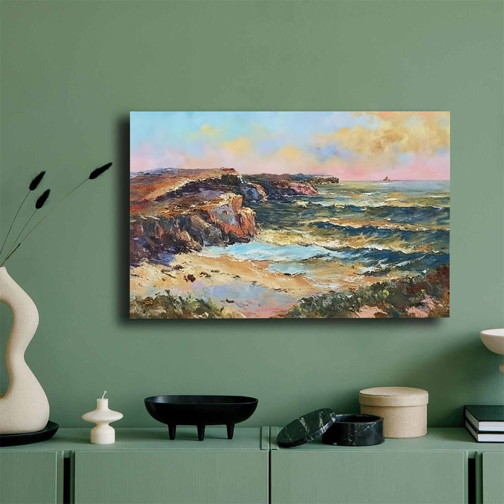 Evening Light on the Rocky Coast canvas wall art, styled room mockup 2.