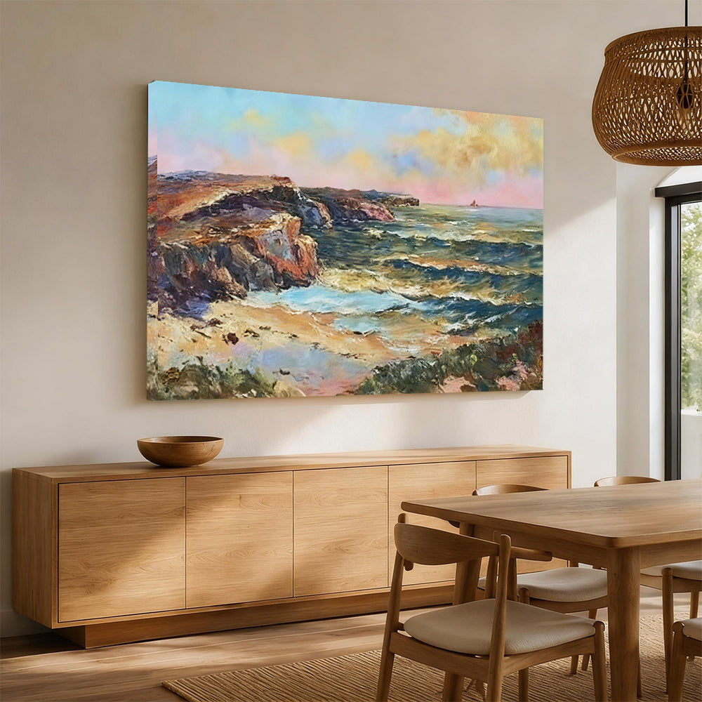 Evening Light on the Rocky Coast canvas wall art, styled room mockup 3.