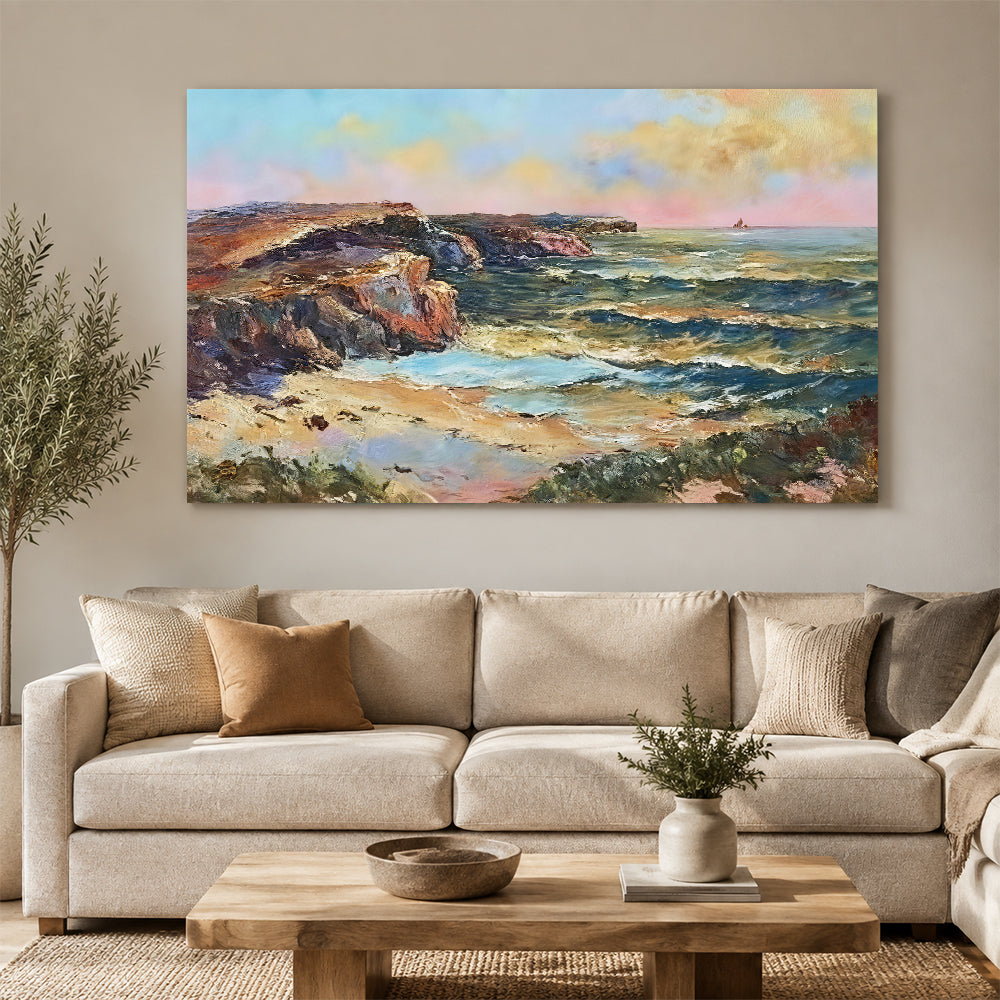 Evening Light on the Rocky Coast canvas wall art, styled room mockup 4.