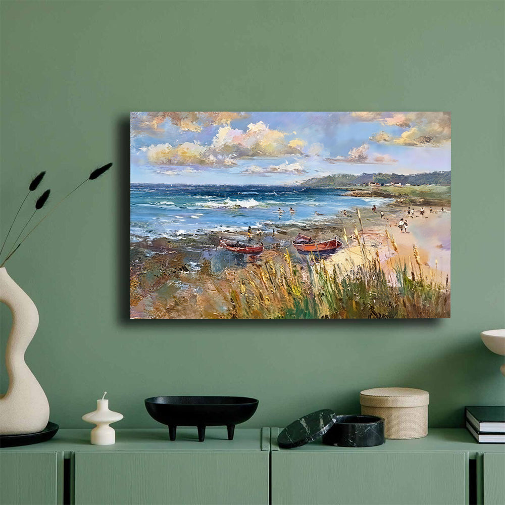 Coastal Grasses and Resting Boats canvas wall art, styled room mockup 1.