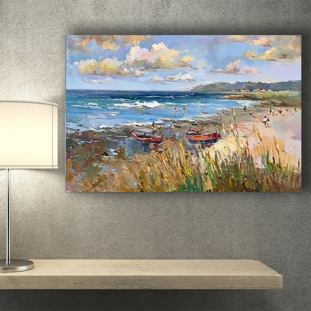 Coastal Grasses and Resting Boats canvas wall art, styled room mockup 2.
