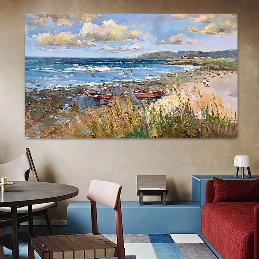 Coastal Grasses and Resting Boats canvas wall art, styled room mockup 4.
