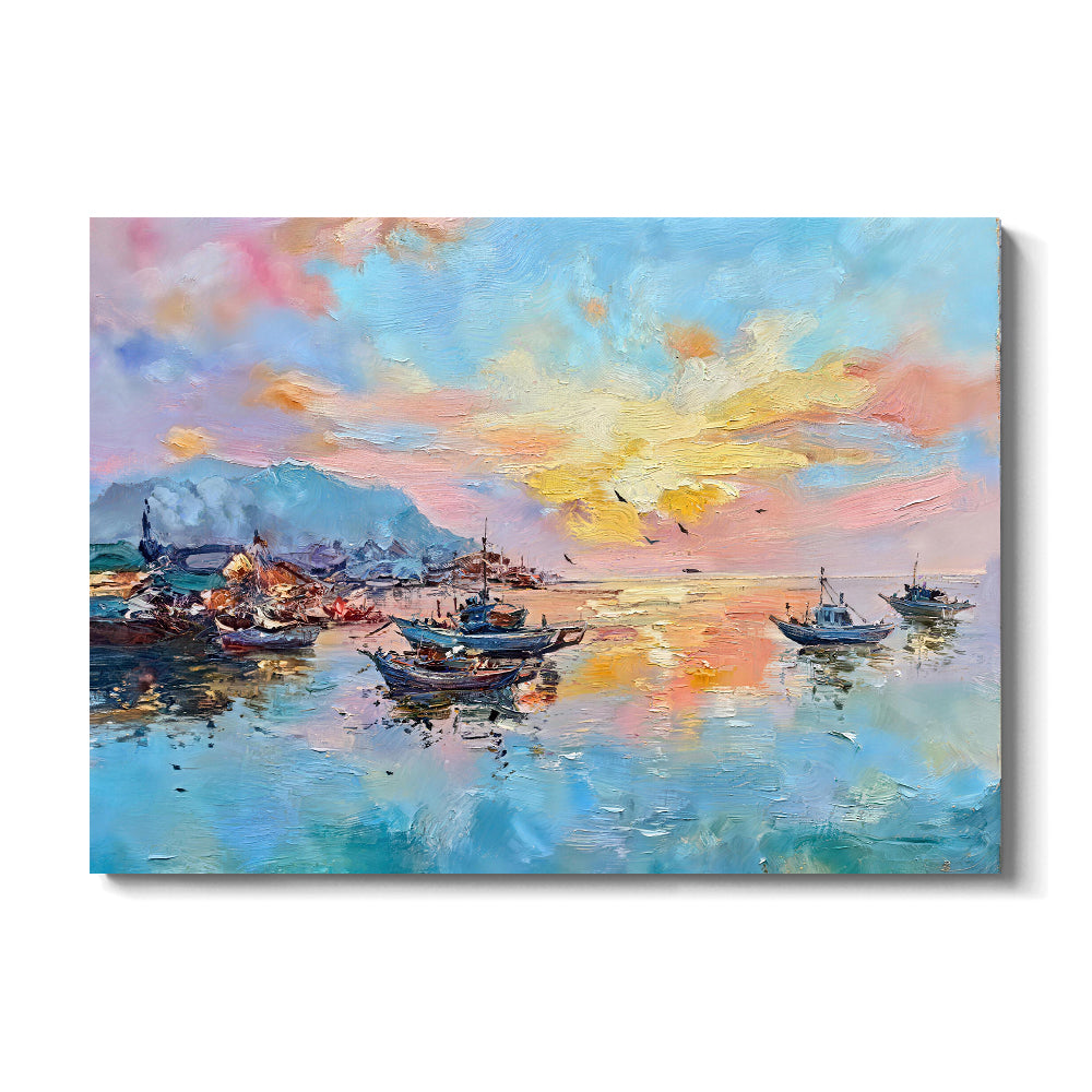 Pastel Sunset Over the Harbor canvas wall art, front product mockup on a light background.