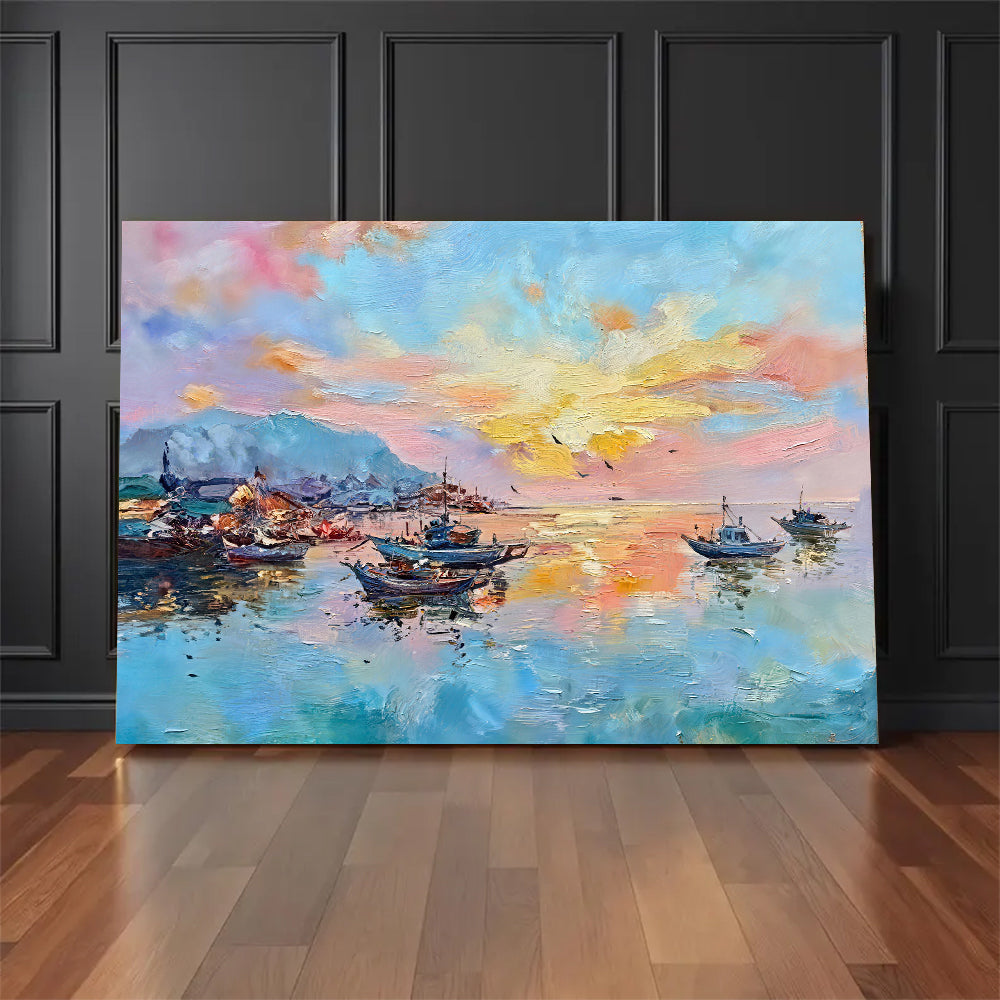 Pastel Sunset Over the Harbor canvas wall art, styled room mockup 1.