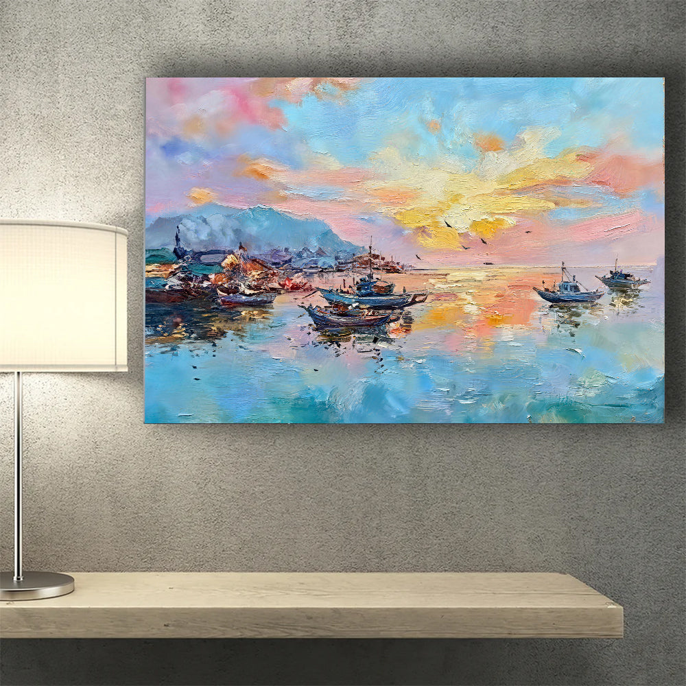 Pastel Sunset Over the Harbor canvas wall art, styled room mockup 2.