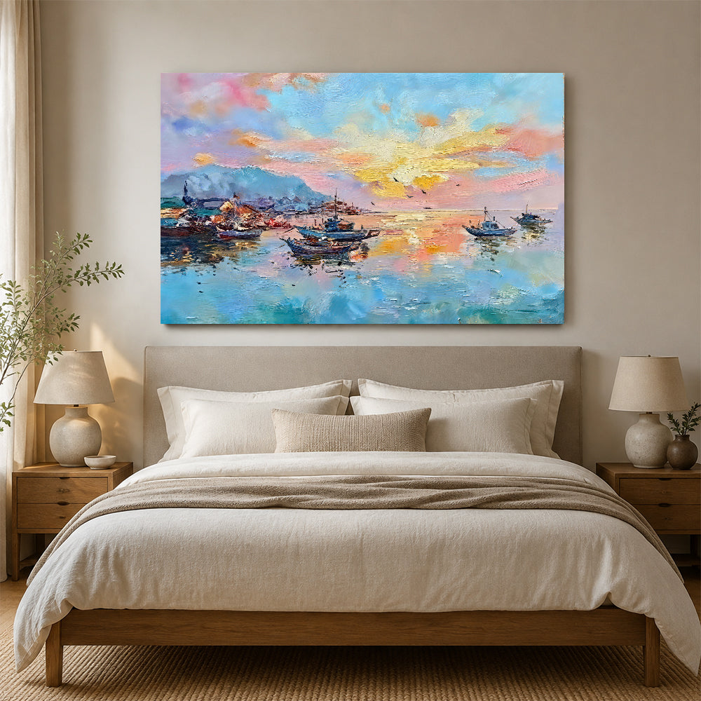 Pastel Sunset Over the Harbor canvas wall art, styled room mockup 4.