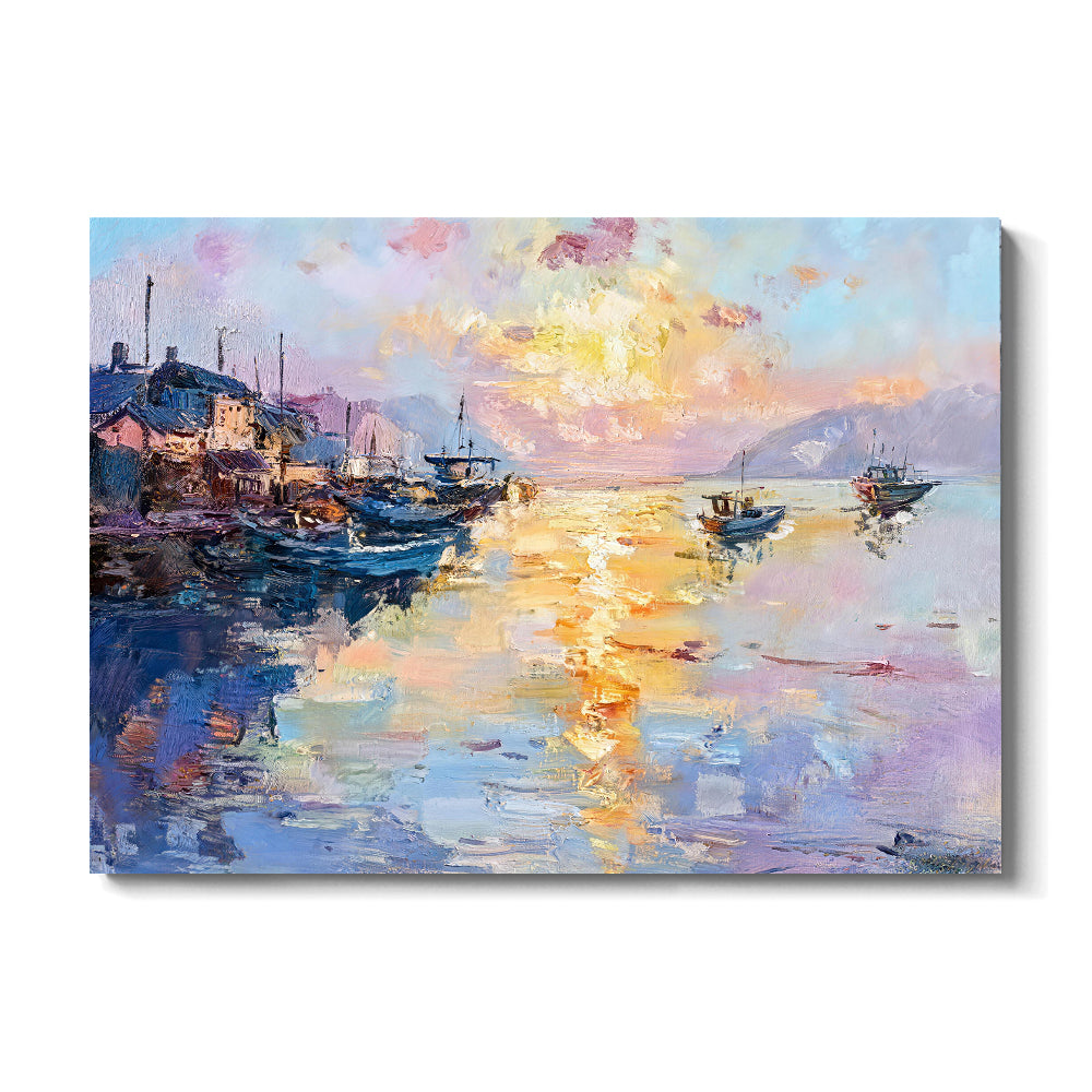 Golden Reflections in the Harbor canvas wall art, front product mockup on a light background.