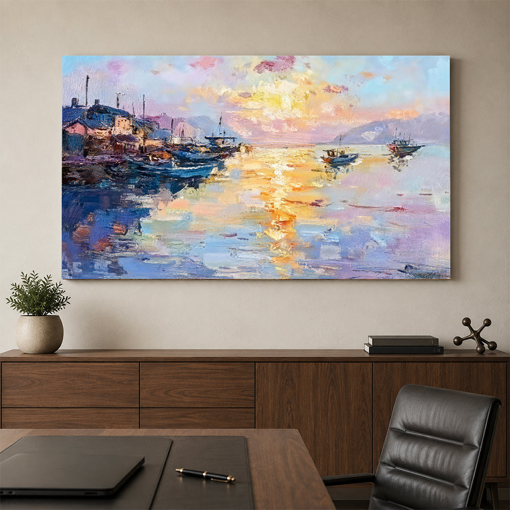 Golden Reflections in the Harbor canvas wall art, styled room mockup 2.