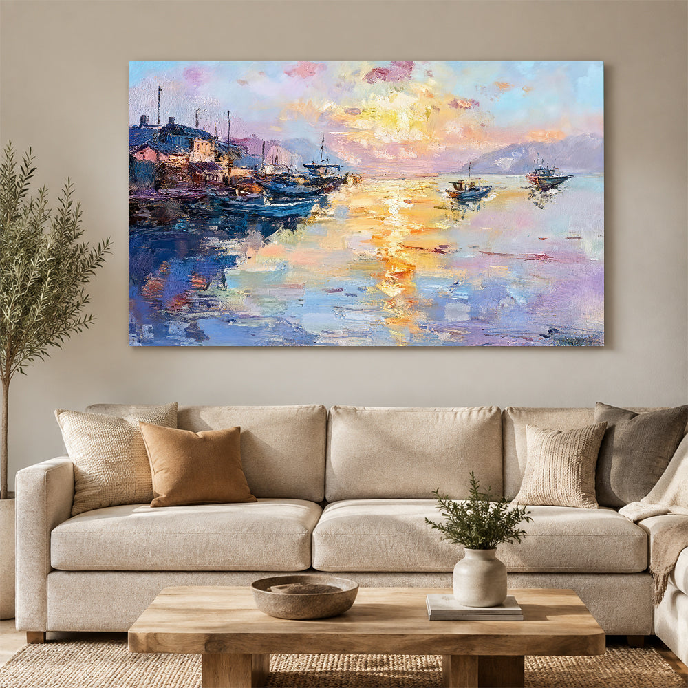 Golden Reflections in the Harbor canvas wall art, styled room mockup 3.