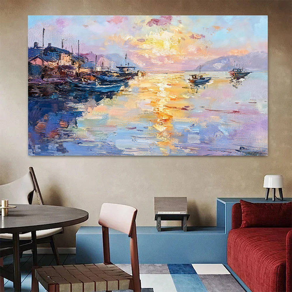 Golden Reflections in the Harbor canvas wall art, styled room mockup 4.