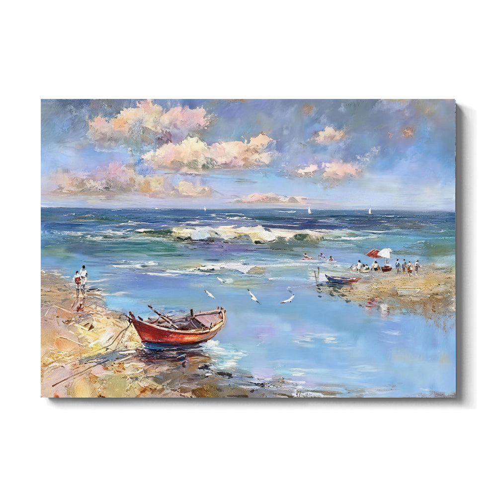 Red Boat in Shallow Blue Water canvas wall art, front product mockup on a light background.