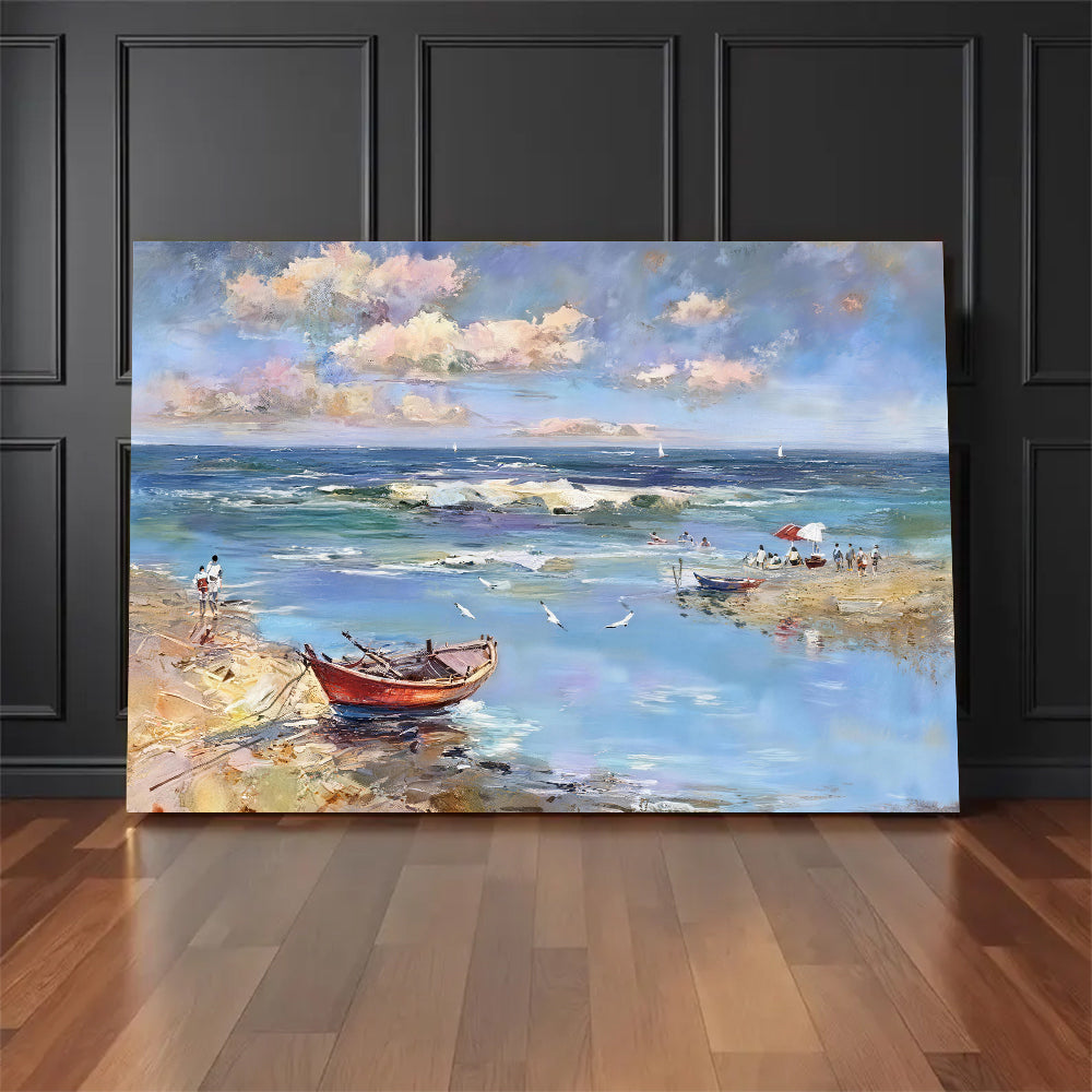Red Boat in Shallow Blue Water canvas wall art, styled room mockup 1.