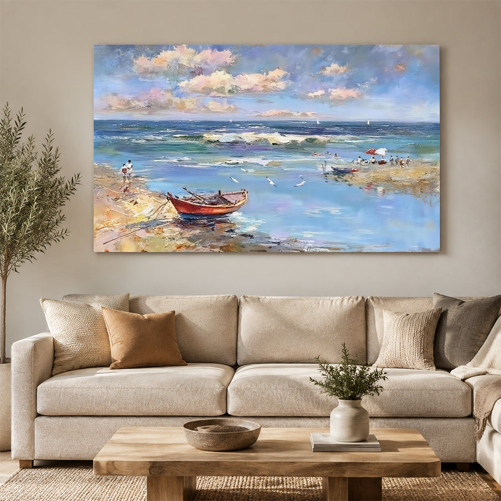 Red Boat in Shallow Blue Water canvas wall art, styled room mockup 3.