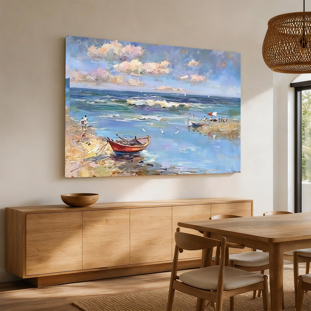 Red Boat in Shallow Blue Water canvas wall art, styled room mockup 4.