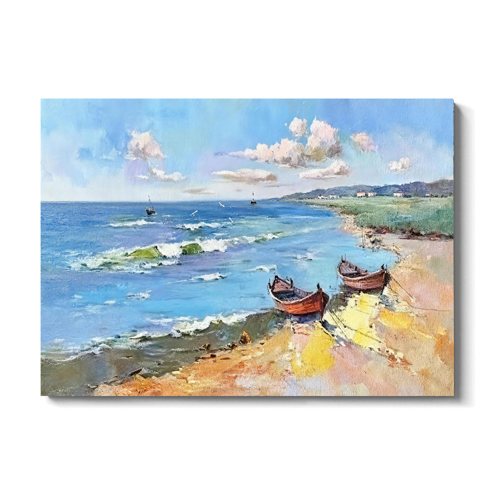 Summer Boats Along the Bay canvas wall art, front product mockup on a light background.