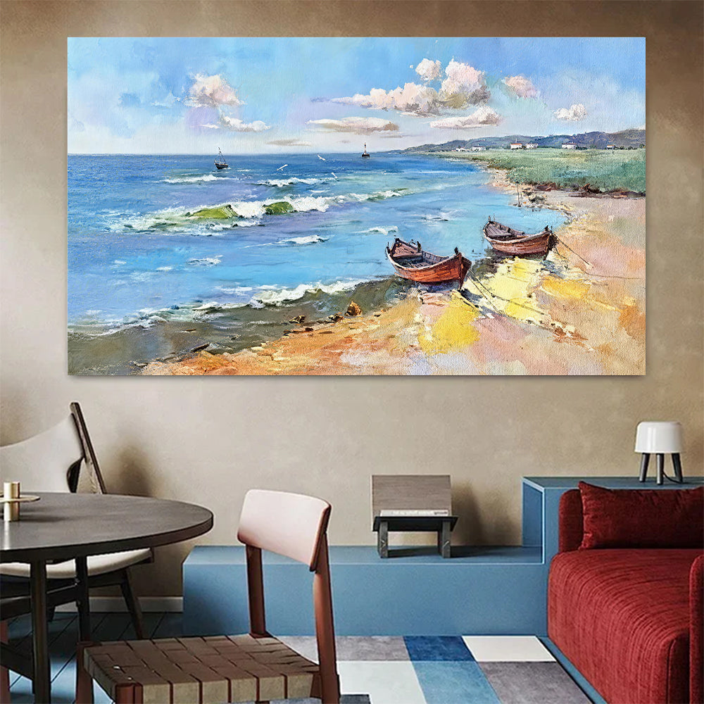 Summer Boats Along the Bay canvas wall art, styled room mockup 1.