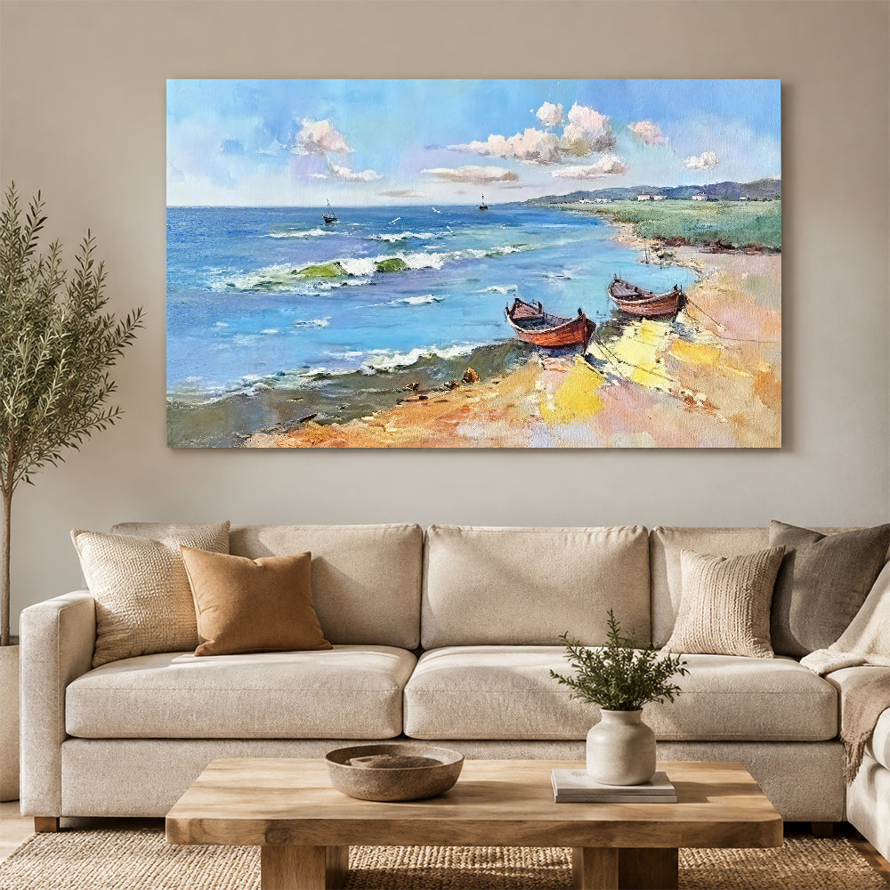 Summer Boats Along the Bay canvas wall art, styled room mockup 2.