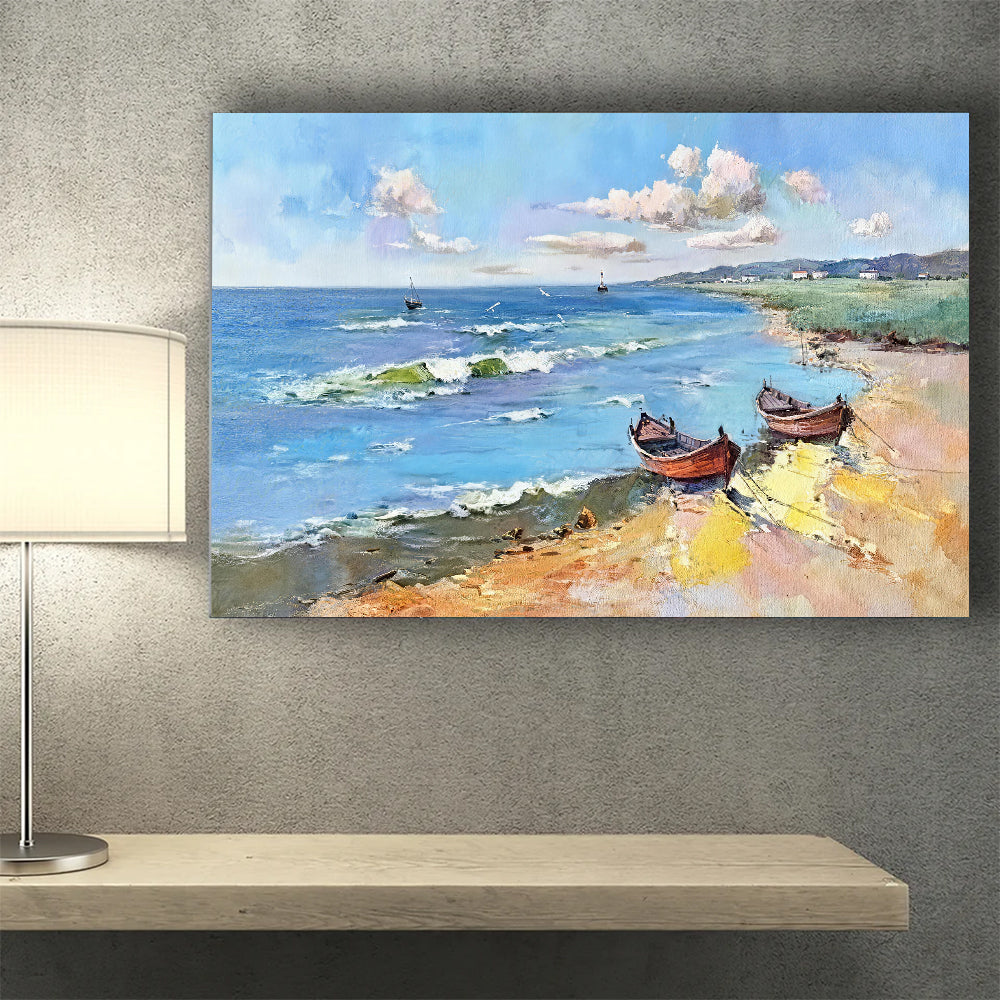 Summer Boats Along the Bay canvas wall art, styled room mockup 3.