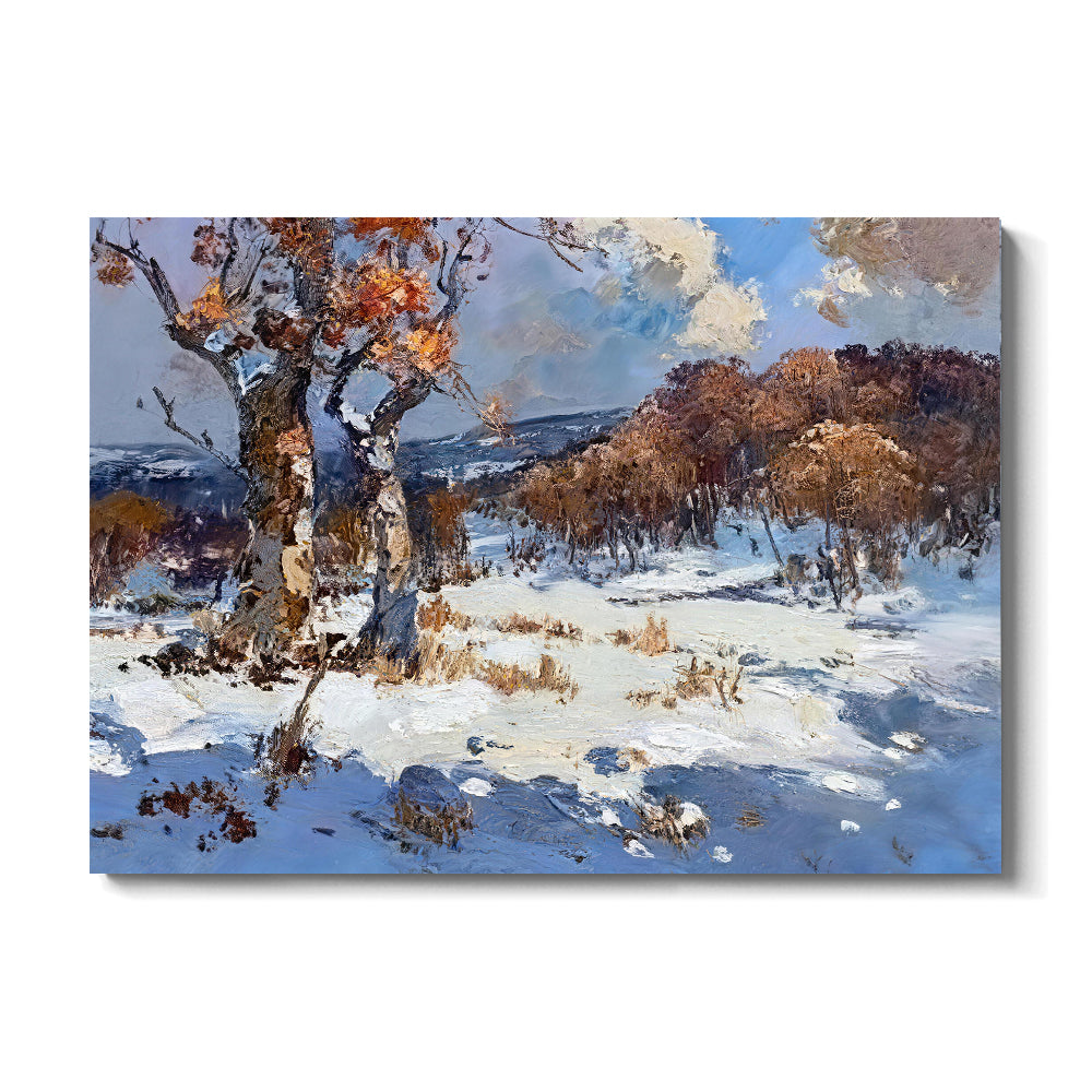 Winter Trees Beneath Blue Sky canvas wall art, front product mockup on a light background.