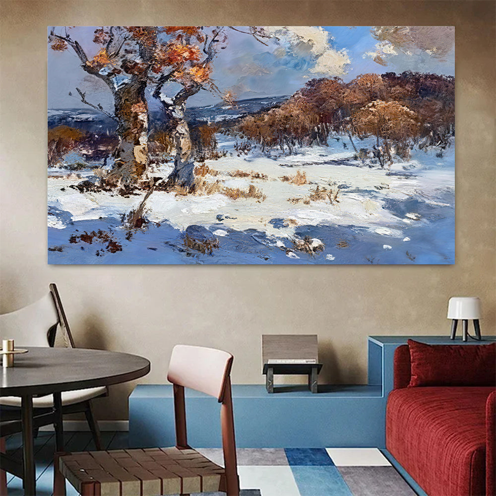 Winter Trees Beneath Blue Sky canvas wall art, styled room mockup 3.