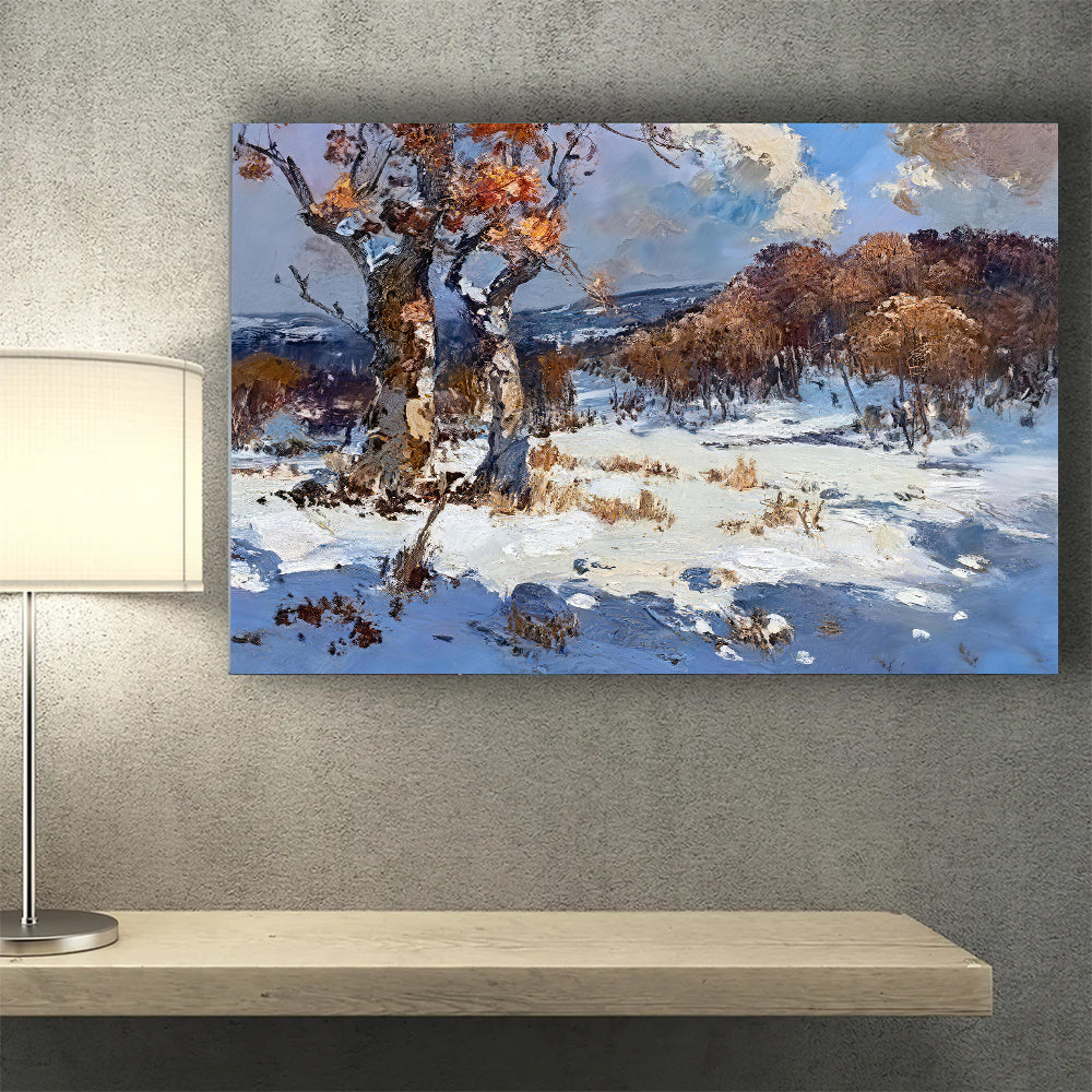 Winter Trees Beneath Blue Sky canvas wall art, styled room mockup 4.