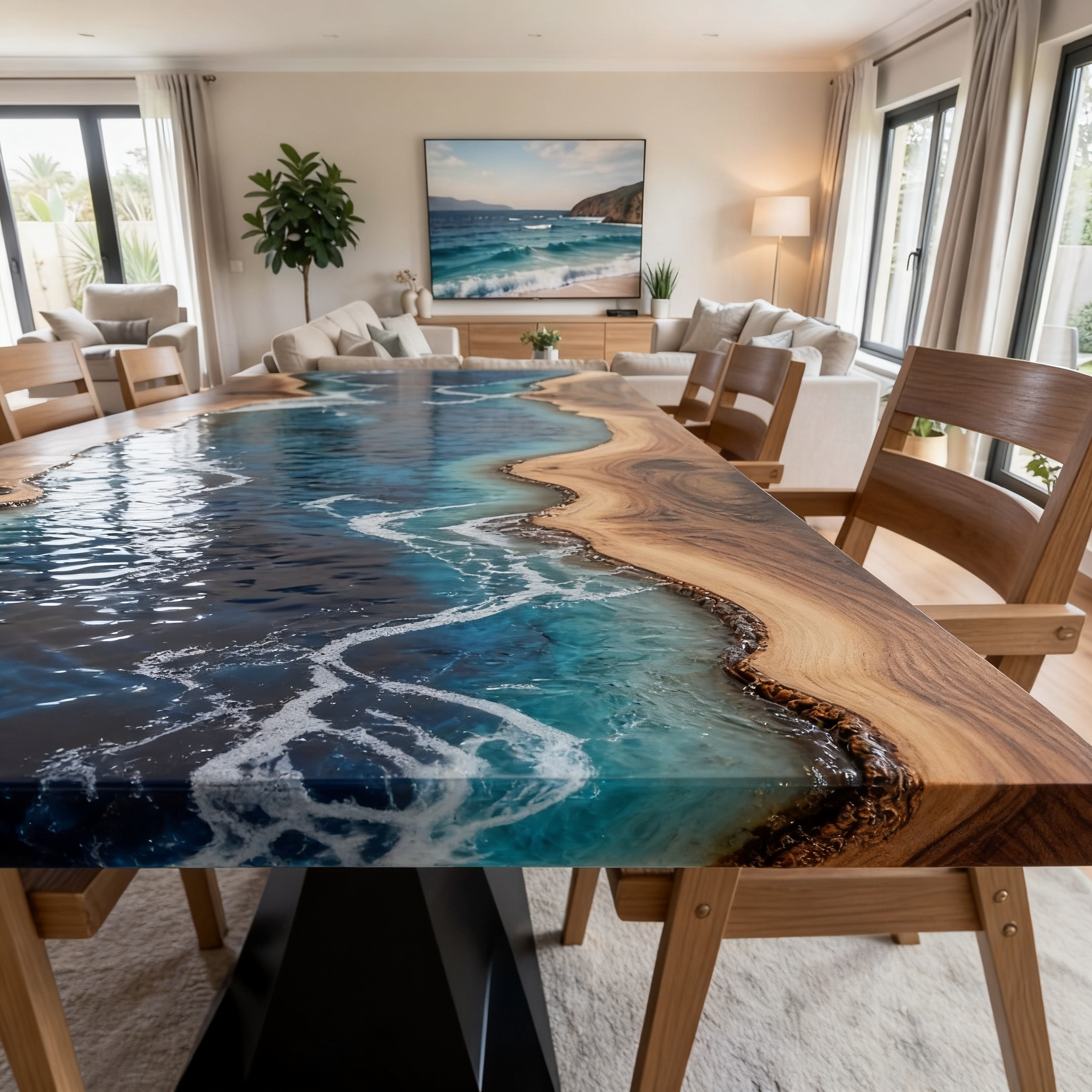 Custom Premium Rectangular Suar Wood Ocean Blue Epoxy River Dining Table image 3