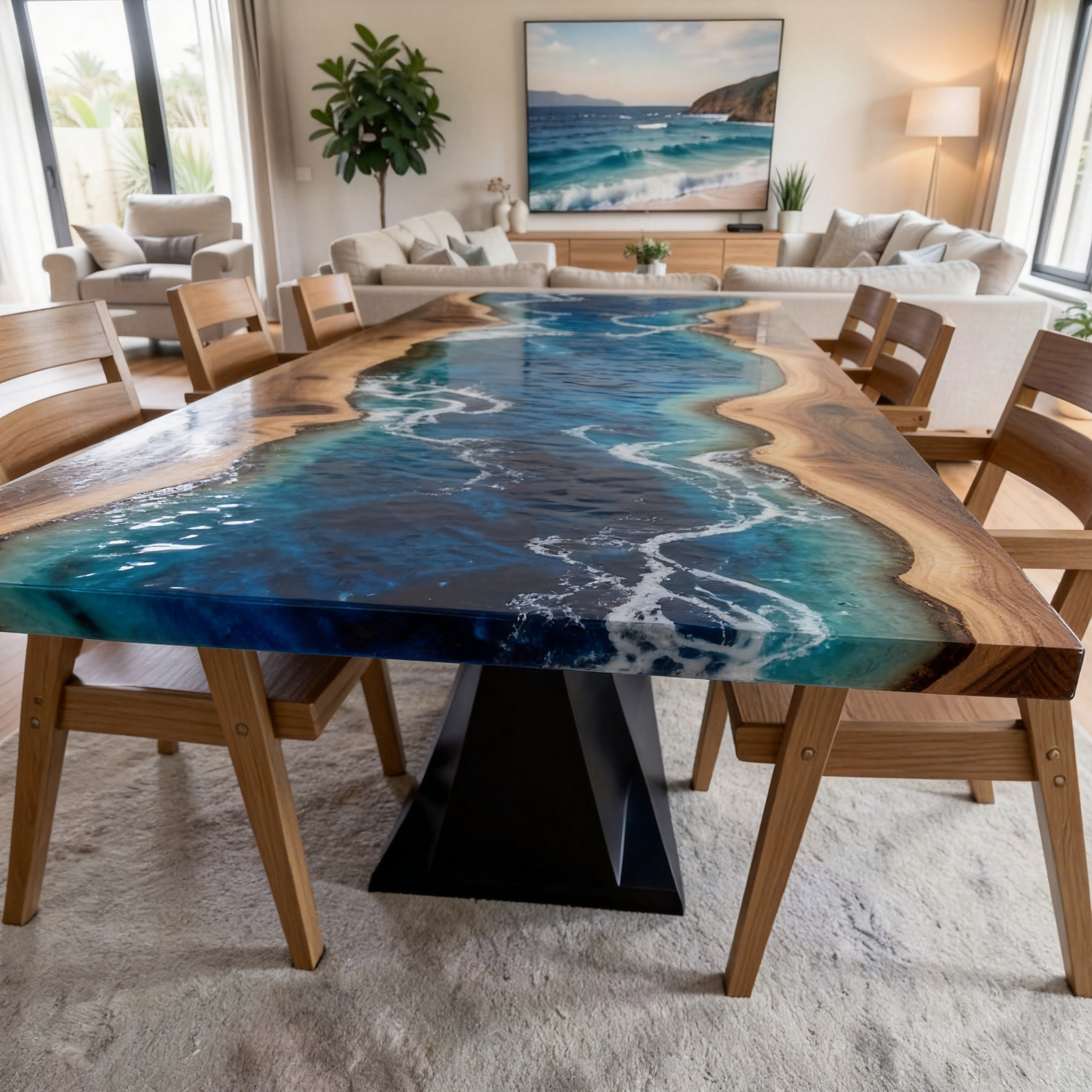 Custom Premium Rectangular Suar Wood Ocean Blue Epoxy River Dining Table image 5