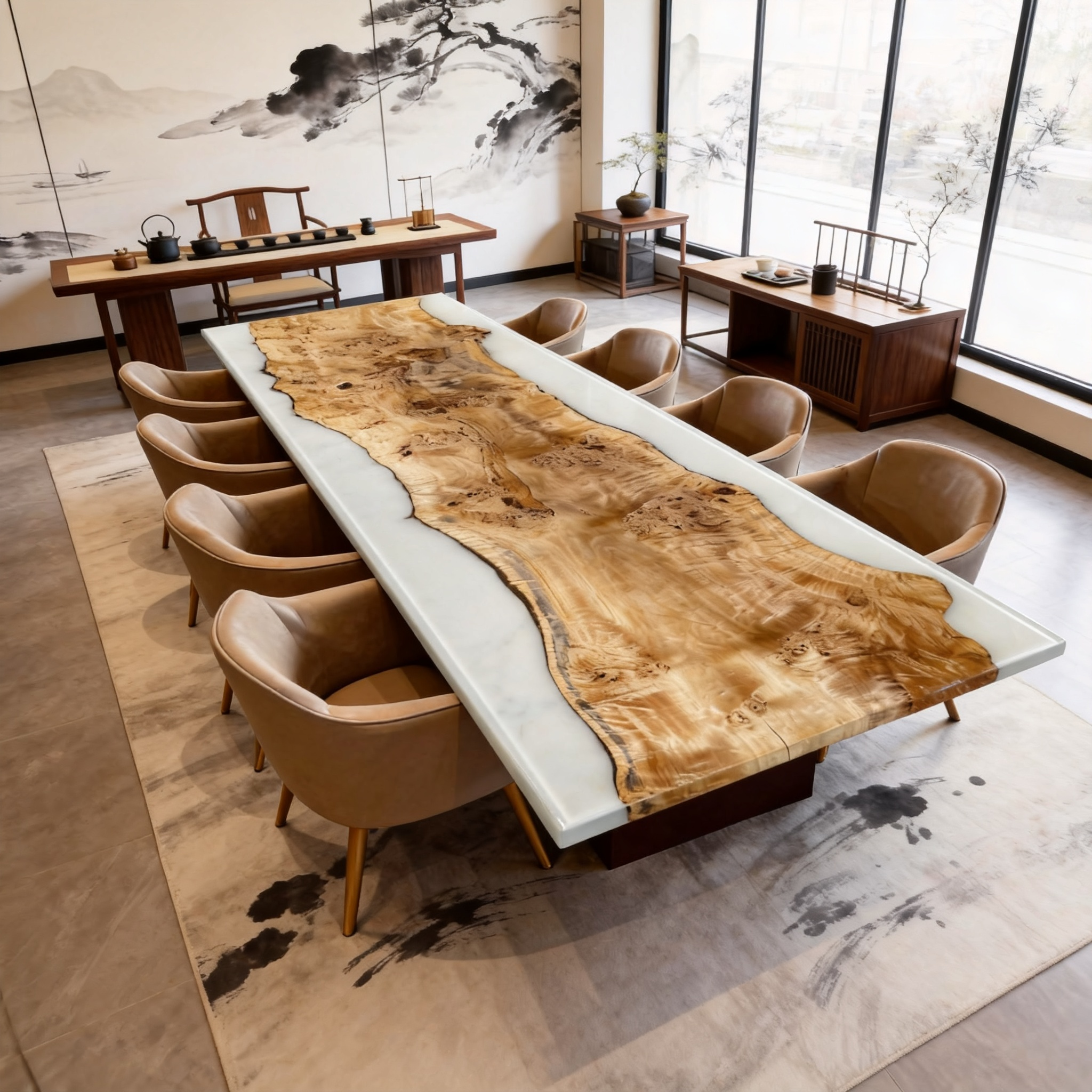 Custom Glossy Cream Resin & Poplar Wood Banquet Table