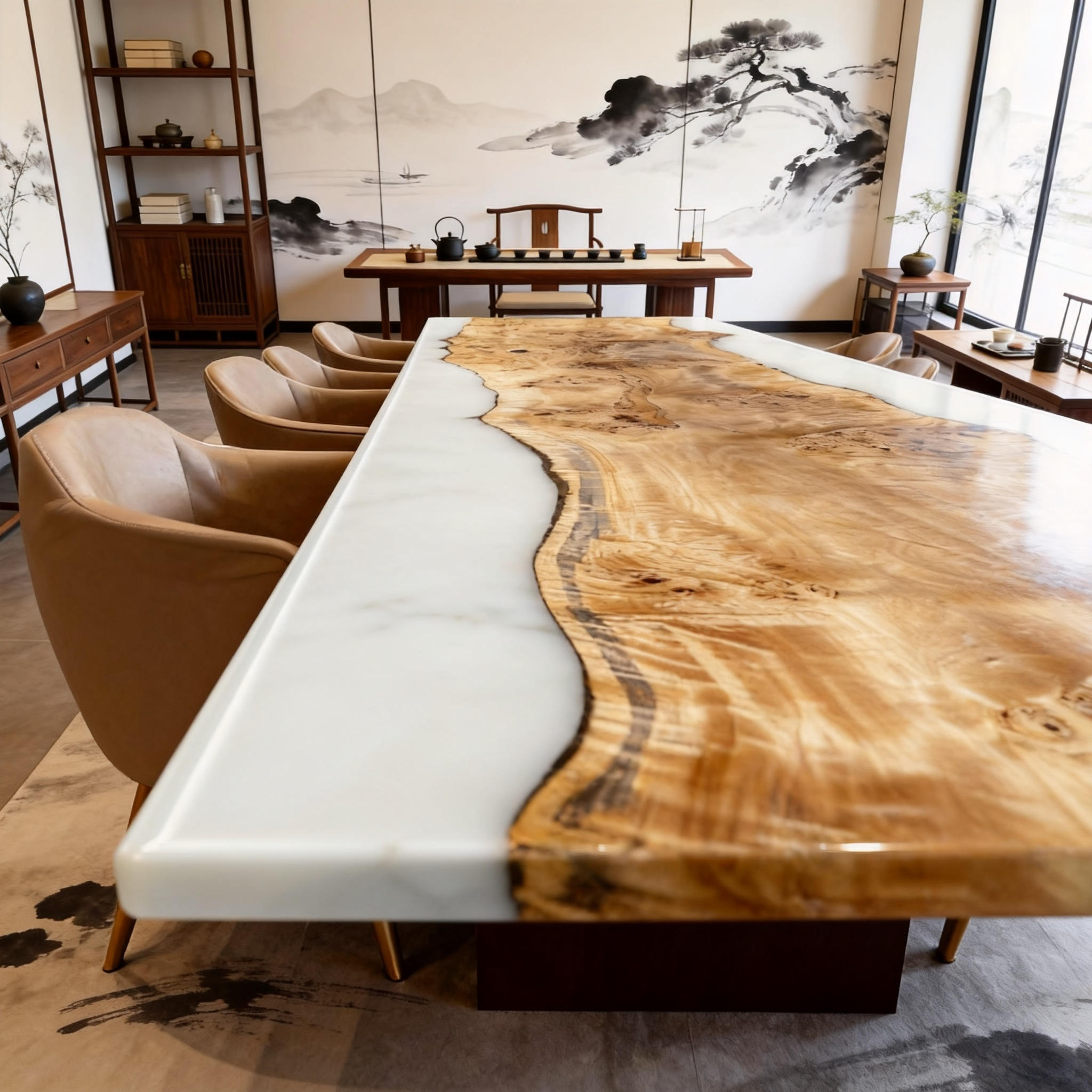 Custom Glossy Cream Resin & Poplar Wood Banquet Table