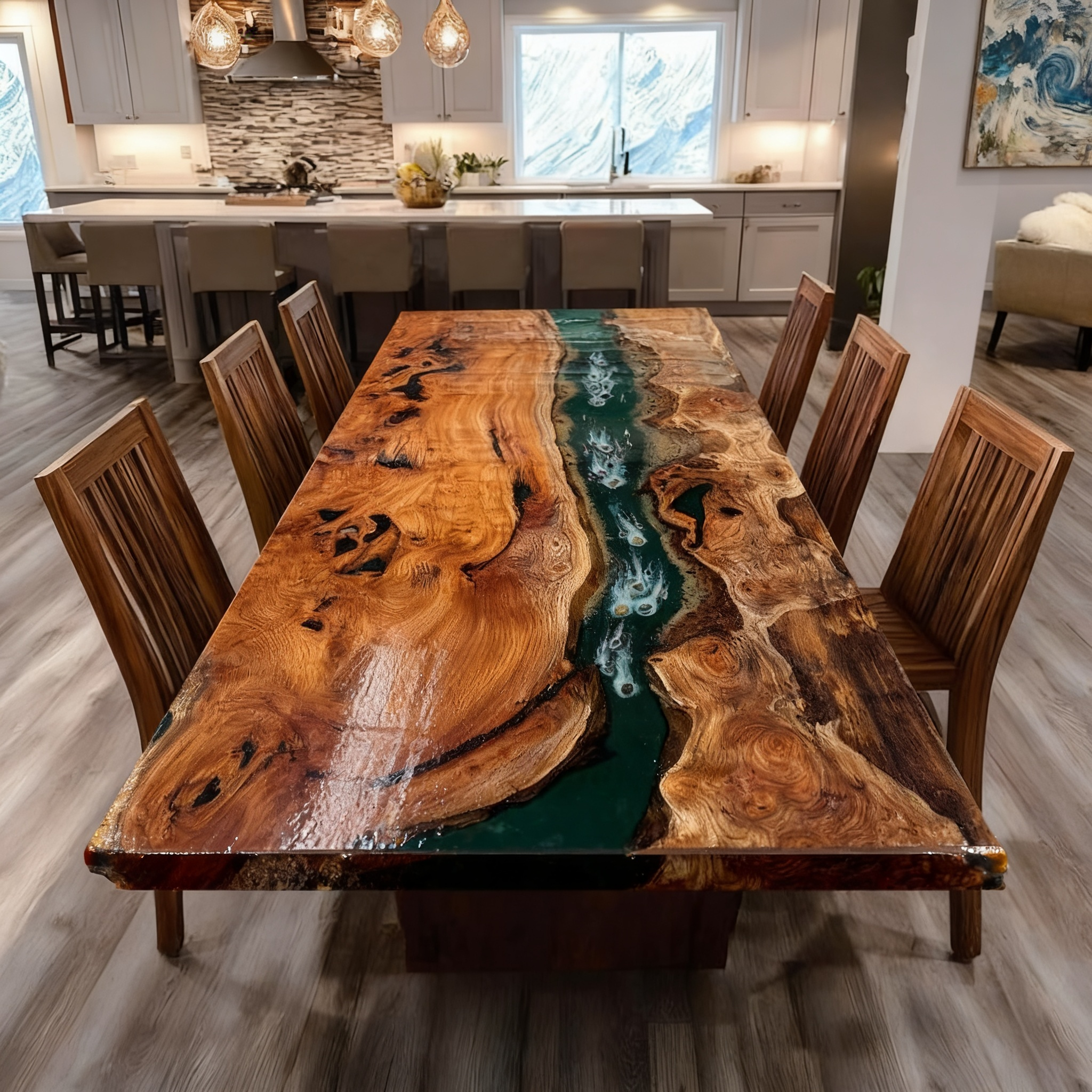Exquisite Emerald Green Stone Inlay Beech Wood Epoxy Dining Table