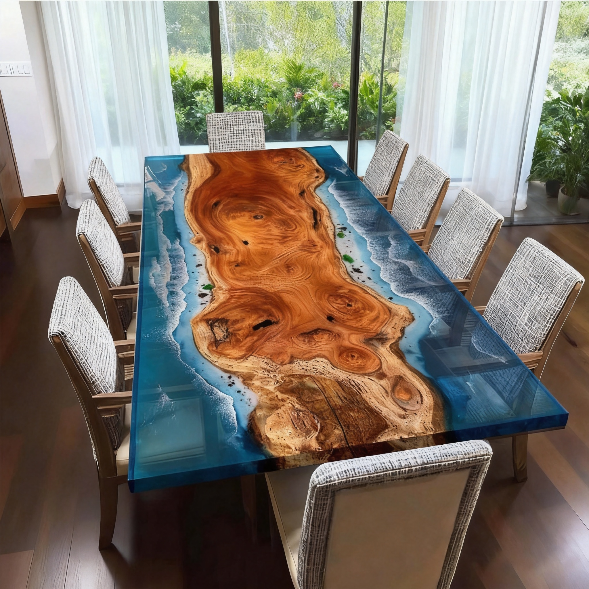 Georgia Style Coastal Resin River Table with Beech Wood