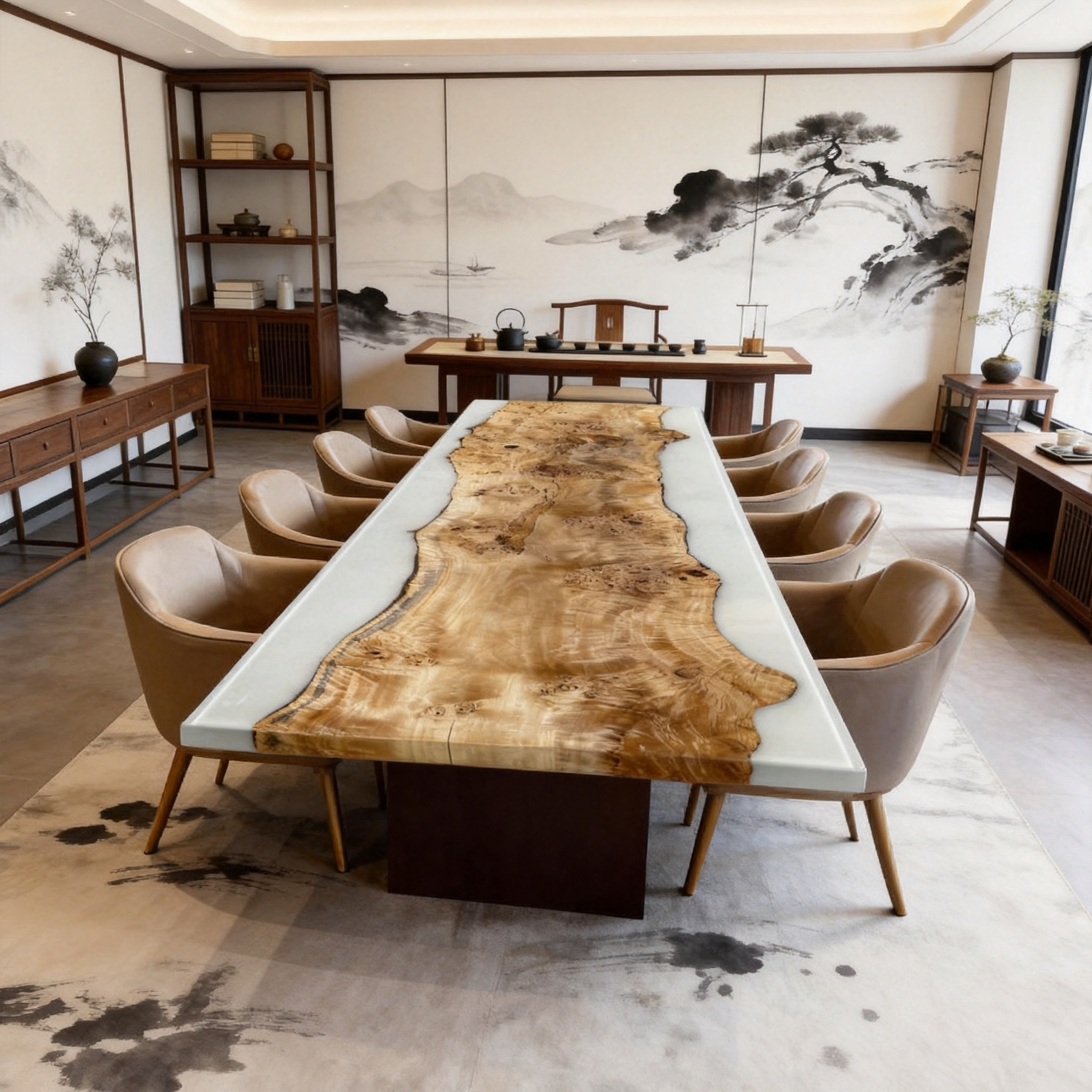 Custom Glossy Cream Resin & Poplar Wood Banquet Table