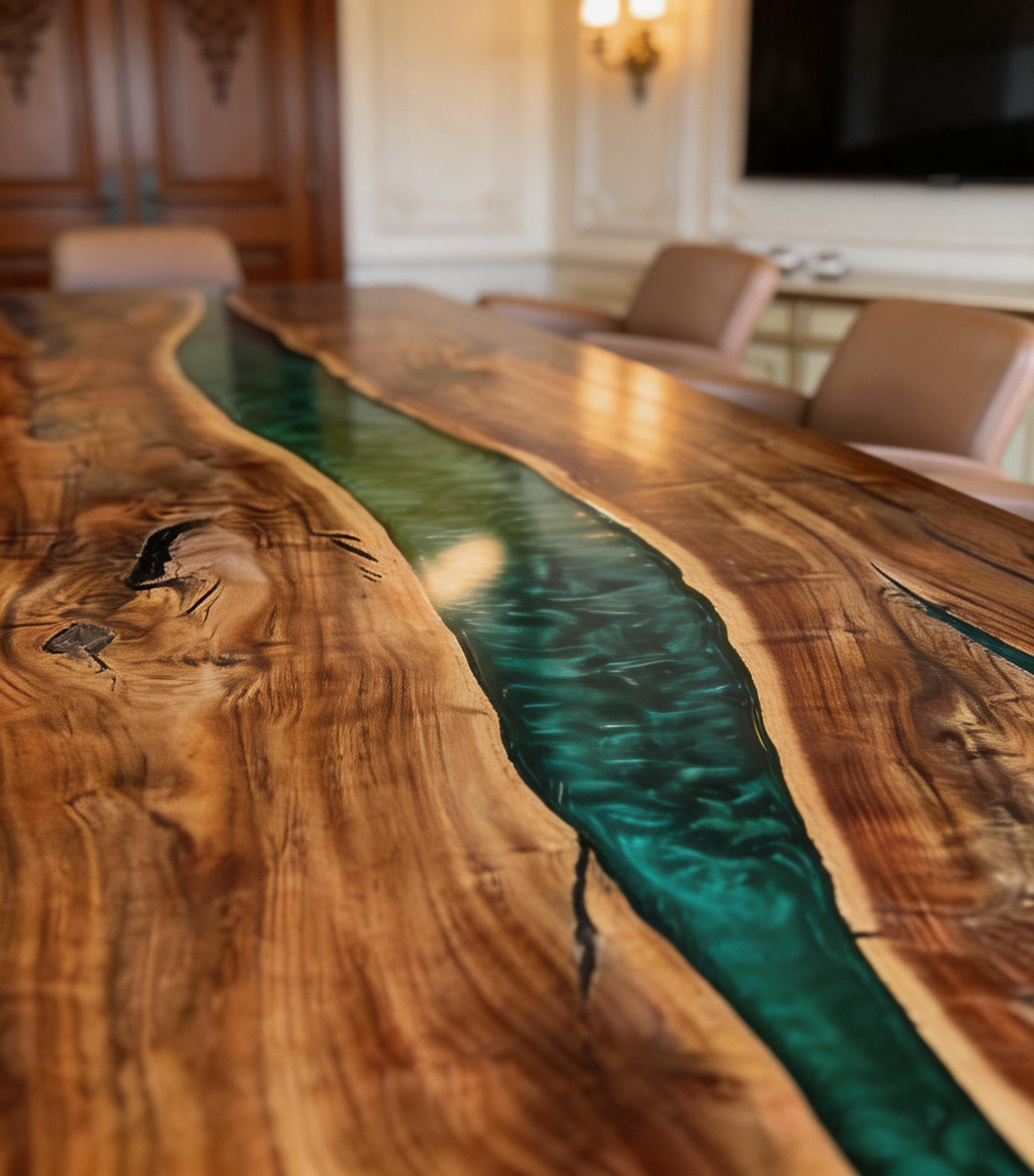 Black Walnut Live Edge Emerald Epoxy River Conference Table