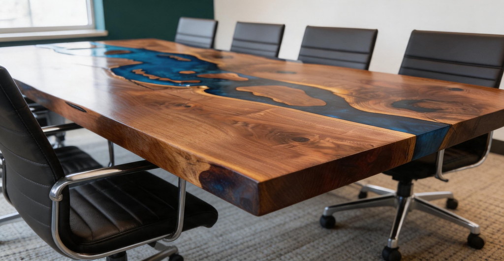 Black Walnut Live Edge Deep Blue Epoxy River Conference Table