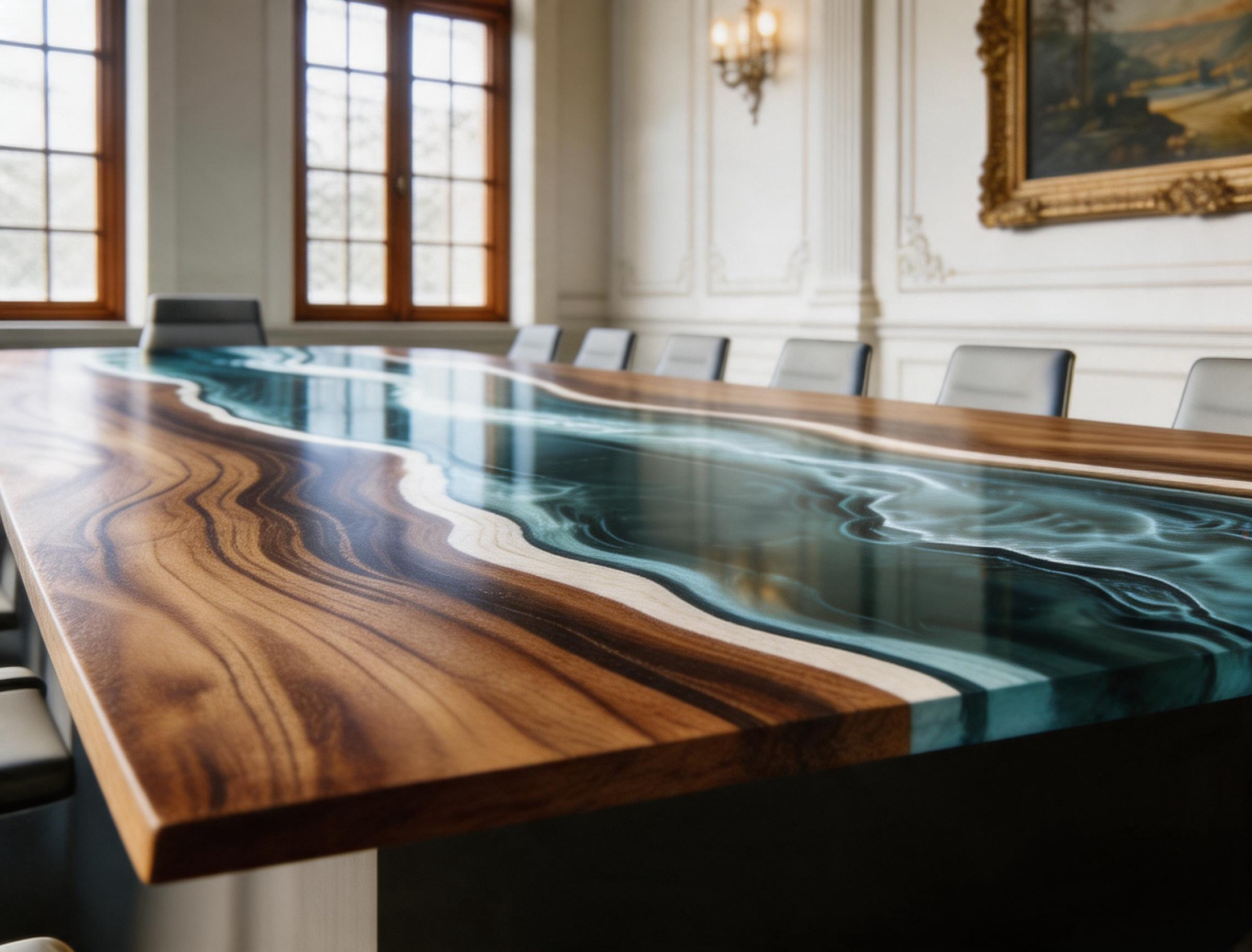 Black Walnut Live Edge Teal Blue Epoxy River Conference Table