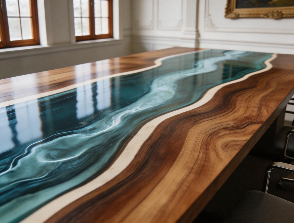 Black Walnut Live Edge Teal Blue Epoxy River Conference Table